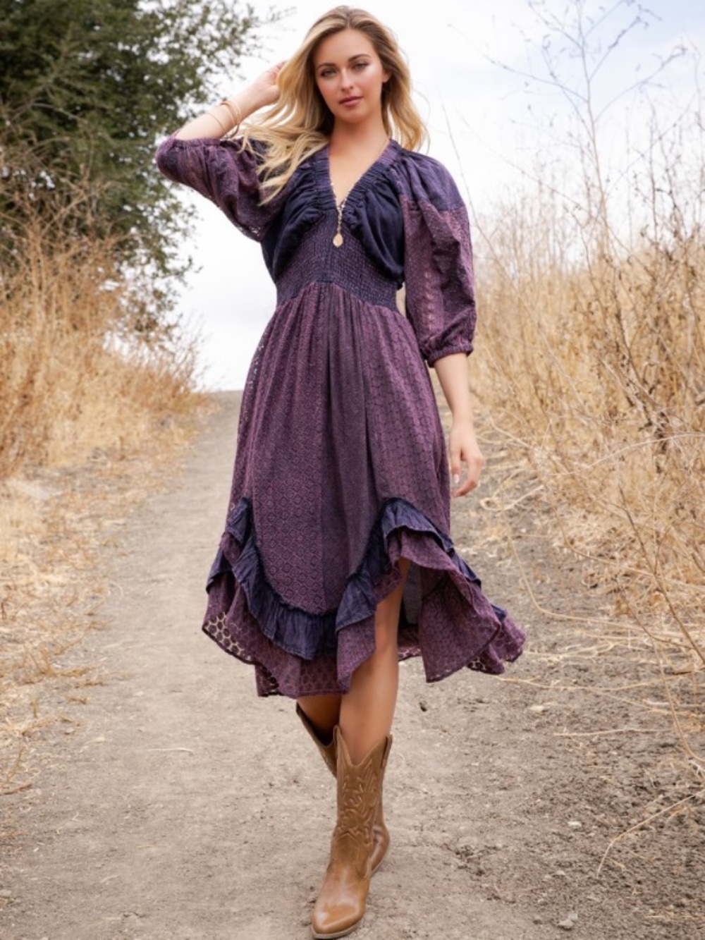 Young Threads Mulberry Vintage V-neck Boho Eyelet Midi Dress